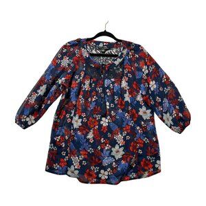 Zac & Rachel Sheer Navy Floral Tie Front Blouse Tassel Lace Med
